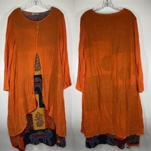 CELLABIE Cotton Layered Art To Wear Midi Tribal Dress 2XL